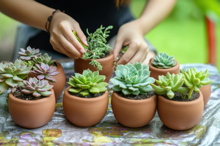 Hands carefully planting and arranging various succulents in small terracotta pots while enjoying nature.の写真素材