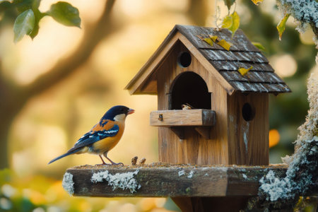 A vibrant bird approaches a charming wooden birdhouse in a tranquil garden filled with soft natural light.の写真素材