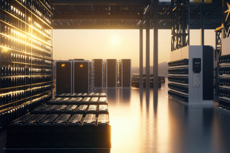 A large battery storage facility with rows of glowing batteries shines under the warm sunset, showingcasing innovation.の写真素材