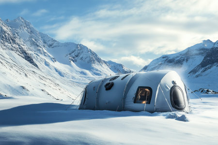 A futuristic habitat sits in a snowy expanse surrounded by majestic mountains under a blue sky.の写真素材