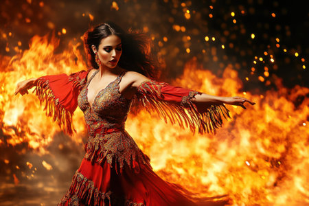 A dancer showcases her skills in a red costume, surrounded by an intense display of fire and sparks at night.の写真素材