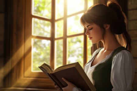 A young woman absorbed in reading a book, basking in sunlight streaming through a window.の写真素材