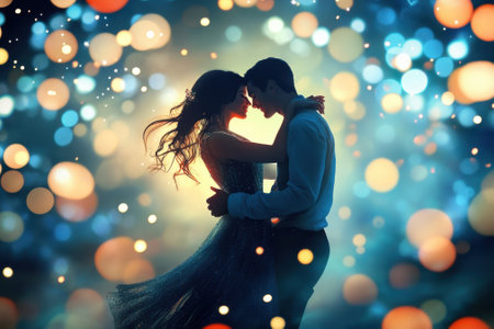 Two people share an intimate dance amid a backdrop of shimmering lights during a romantic gathering.の写真素材