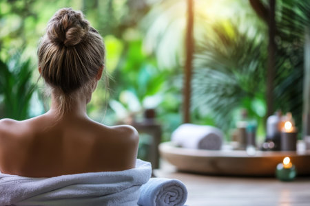 A person enjoys a calming spa experience surrounded by greenery and soft candlelight, promoting relaxation and peace.の写真素材