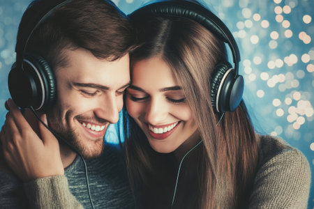 Two people share a joyful moment, listening to music with headphones, surrounded by a sparkling background.の写真素材