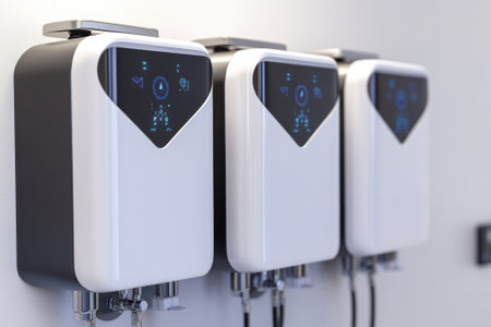Three sleek, wall-mounted water dispensers offer easy access to cold and hot water in a contemporary setting.の写真素材