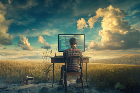 Person works intently on coding at a desk in an open field while the sun sets behind clouds.の写真素材