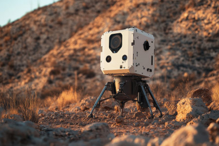 A modern exploration device stands on rocky ground, illuminated by the warm glow of sunset in a desert environment.の写真素材