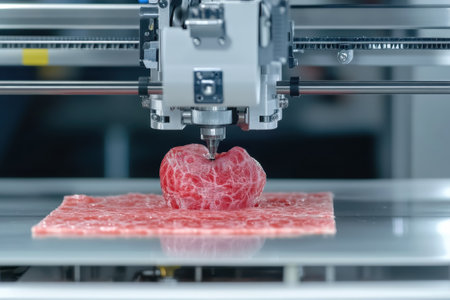A 3D printer is meticulously crafting a meat-like product using plant-based ingredients in a modern lab setting.の写真素材