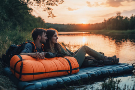 A couple sits together on an inflatable raft, sharing a moment as the sun sets over the calm river.の写真素材