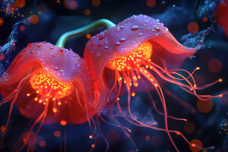 Two vibrant red flowers with shimmering petals and intricate textures emit a soft glow in a dark setting.の写真素材