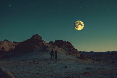 A couple stands together, admiring the bright full moon in a vast desert landscape at night.の写真素材