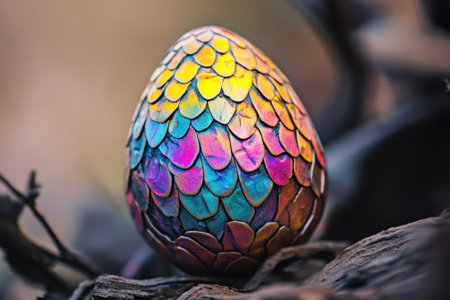 A vibrant dragon egg with colorful scales sits atop a log.の写真素材