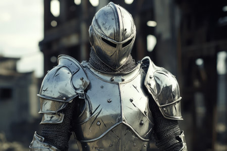 A knight wearing polished silver armor stands confidently in a desolate industrial setting, ready for action.の写真素材