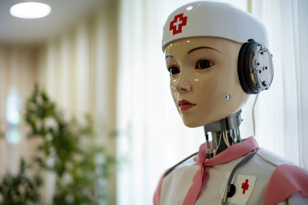 A nurse robot stands in a bright healthcare environment, ready to assist staff and patients with care tasks.の写真素材
