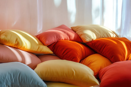 Brightly colored cushions in shades of orange, pink, and blue are stacked against a light backdrop.の写真素材