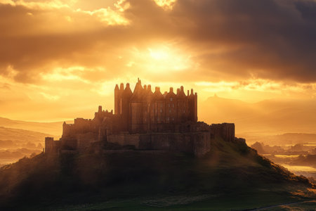 A formidable castle stands atop a hill, illuminated by a dramatic sunset, shrouded in mystic clouds.の写真素材