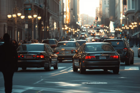 Cars navigate a bustling city street as pedestrians walk along, illuminated by warm afternoon sunlight.の写真素材