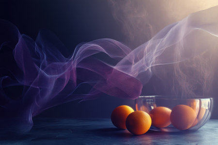 Four vibrant oranges rest in a glass bowl, enveloped by ethereal, swirling mist and soft light.の写真素材