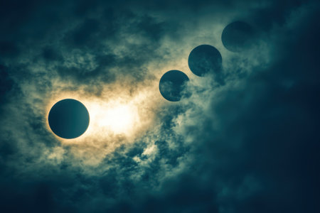 A striking solar eclipse occurs as celestial bodies are partially hidden by clouds during the day.の写真素材