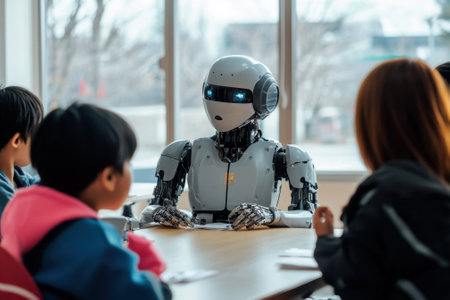A humanoid robot engages with children during a learning session in a contemporary classroom.の写真素材