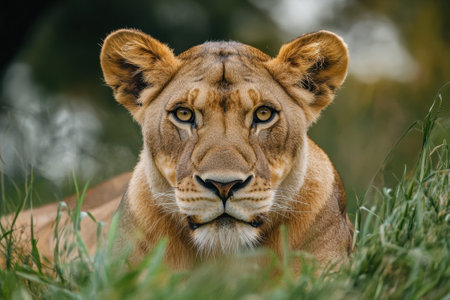 A lioness lies gracefully in the tall grass, showing her piercing gaze during the warm afternoon light.の写真素材