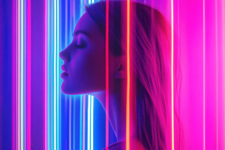 A young woman poses elegantly in profile against bright, colorful neon lights creating an artistic glow.の写真素材