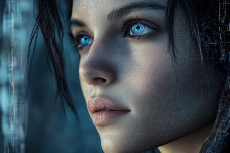 A woman with bright blue eyes appears deep in thought while looking at a digital interface in a modern environment.の写真素材