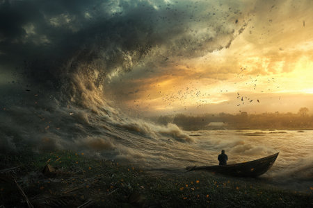 A lone boatman faces a towering wave as dark clouds gather, illuminated by the setting sun over the river.の写真素材