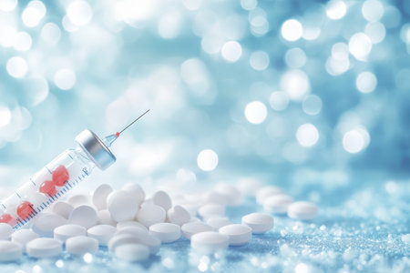 A syringe filled with liquid residues next to scattered white pills on a shimmering blue background.の写真素材