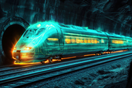 A futuristic train moves swiftly into a tunnel, radiating vibrant neon colors against the dark background.の素材