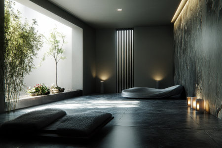Relaxation space in a contemporary spa with plants, soft lighting, and comfortable seating for tranquility.の写真素材
