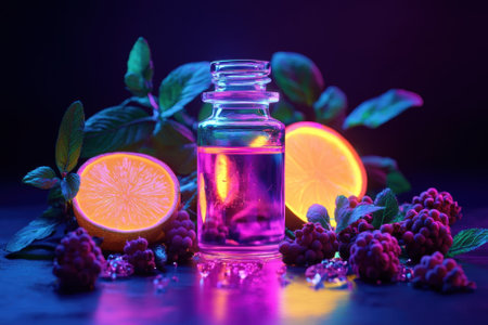 A glass bottle filled with colorful liquid surrounded by fresh raspberries and orange halves, illuminated artistically.の写真素材