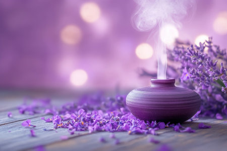 Fragrant smoke rises from decorative pottery, surrounded by fresh lavender flowers on a rustic wooden surface.の写真素材
