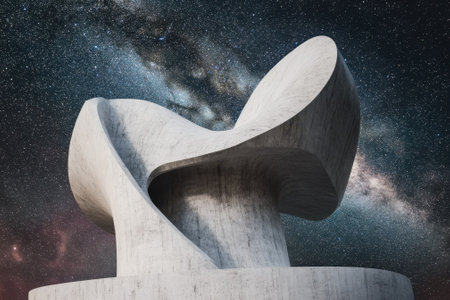 Modern sculpture stands against a backdrop of twinkling stars, highlighting its unique structure and design at night.の写真素材