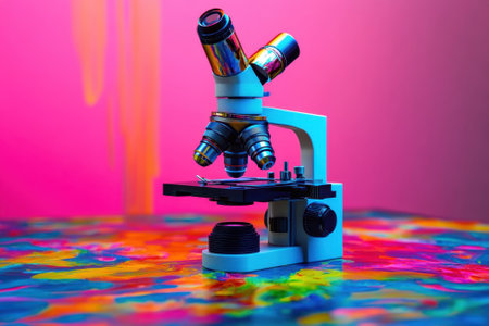 A microscope stands on a vibrant, multicolored surface, indicating a dynamic laboratory environment.の写真素材