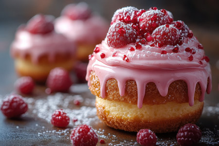 Cupcakes adorned with raspberry frosting and fresh red berries create an enticing dessert display.の写真素材