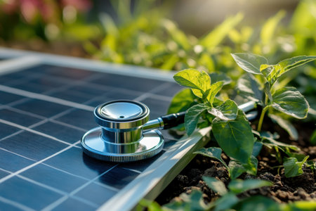 A stethoscope rests on a solar panel next to thriving green plants in a garden during daylight.の写真素材
