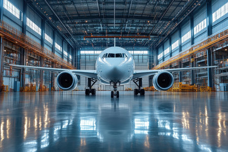 An aircraft is parked inside a well-lit hangar, showing its sleek design and gleaming surface.の写真素材