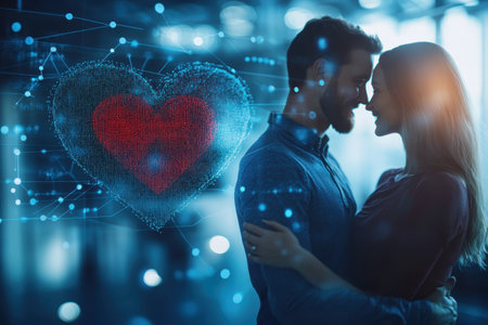 A couple smiles and leans toward each other, surrounded by digital heart graphics in a futuristic space.の写真素材