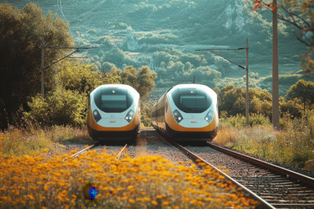 Two sleek, yellow and white trains travel on parallel tracks in a scenic, sunlit landscape filled with greenery.の素材