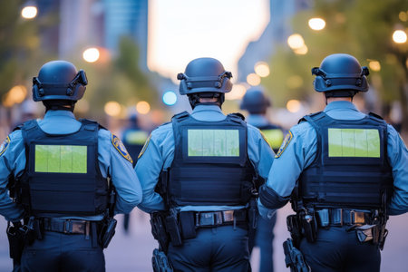 Three police officers in tactical attire stand together, surveying the cityscape during twilight hours.の写真素材