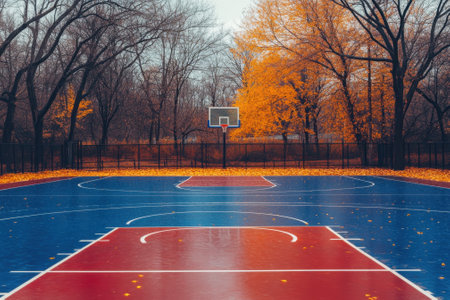A vibrant basketball court with red and blue colors is framed by autumn trees losing their leaves.の素材
