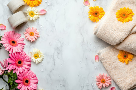 Soft towels, colorful flowers, and gentle water droplets create a serene spa-like environment, promoting relaxation.の写真素材