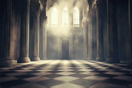 Soft sunlight streams through large windows, illuminating an expansive hall with stone columns and a checkered floor.の写真素材