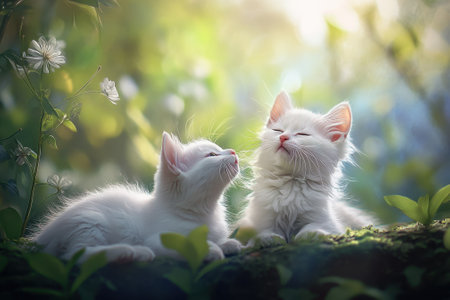 Two fluffy white kittens are curiously exploring a vibrant garden filled with fresh greenery and blossoms.の写真素材