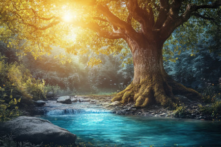 A large, ancient tree stands next to calm blue water, bathed in warm sunlight filtering through vibrant leaves.の写真素材