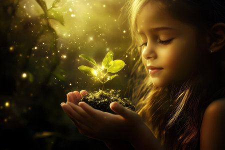 A girl tenderly holds a tiny plant in her hands, surrounded by a warm, glowing atmosphere, signifying growth.の写真素材