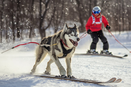 A husky enthusiastically skis ahead while a person follows closely behind, both enjoying a winter day outdoors.の写真素材