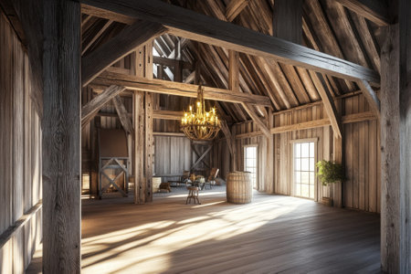 Natural light floods a rustic barn interior with wooden beams, chandeliers, and minimalist decor.の写真素材
